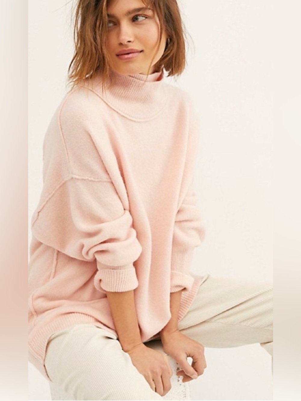 NWT Free People Afterglow Blush Pink Mock Neck Oversized Sweater | Large